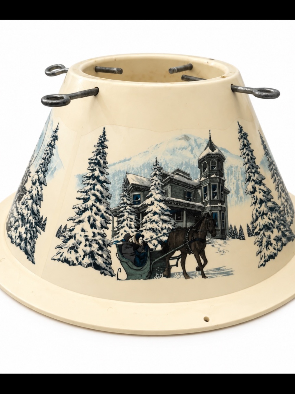 VTG 1950’s Cream Litho Christmas Tree Stand Reindeer Carolers RARE HTF NICE